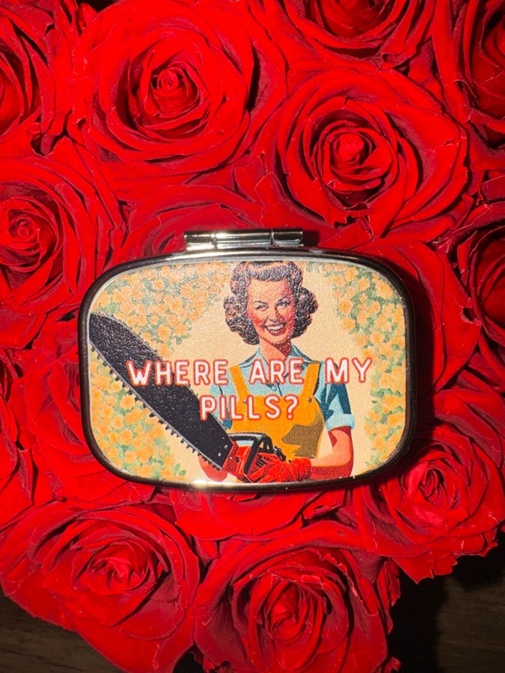 Retro Pill Case | Dark Humor Vintage Style Metal Organizer w/ Mirror